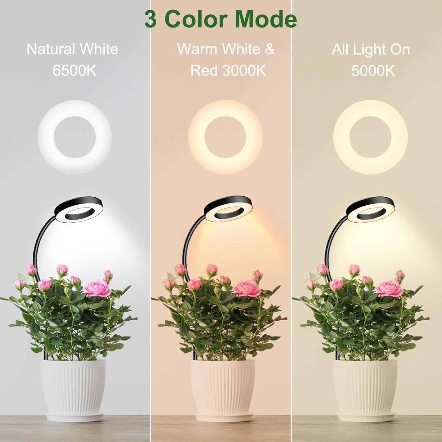 Wolezek 2 in 1 Grow Lights for Indoor Plants, 3 Colors Plant Lights with 360 Gooseneck, 48 LEDs Full Spectrum, 6/12/16H Timer, 5 Brightness, Black 3 Pack