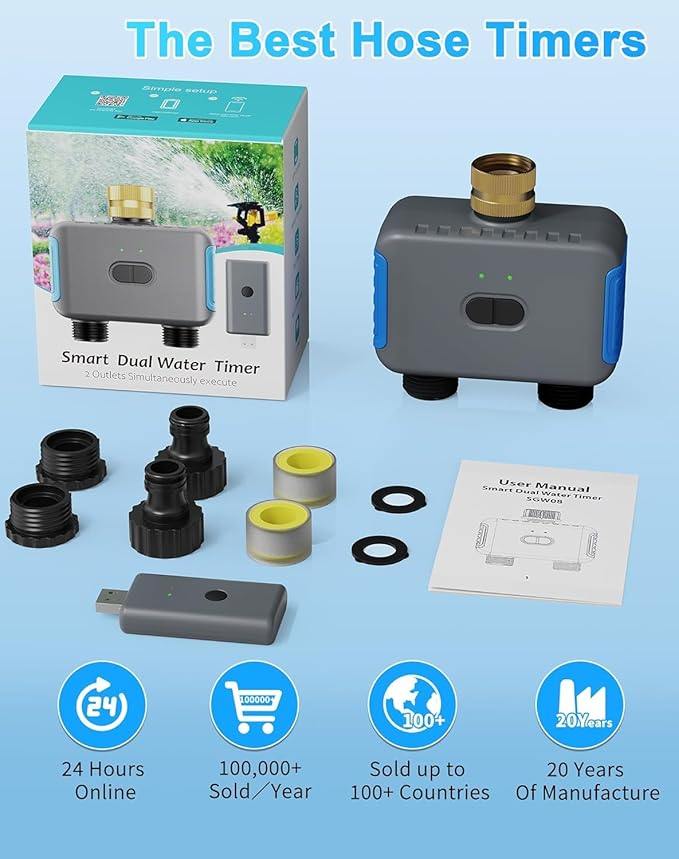 WiFi Sprinkler Timer, 2 Zone Smart Bluetooth Hose Timer, Programmable Automatic Irrigation System with Remote APP, Compatible with Alexa Google, Watering for Outdoor Garden Yard Lawn