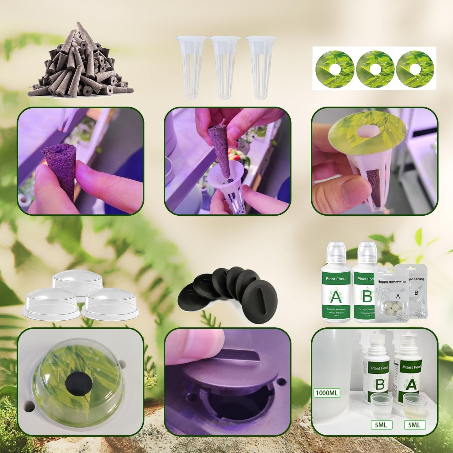 188pcs Hydroponics Supplies Kit with 100 Grow Sponges, 12 Grow Baskets, 12 Grow Domes, 50 Labels, 200ml Hydroponics Nutrients A&B, 12 Plant Spacers - Hydroponics Garden Accessories