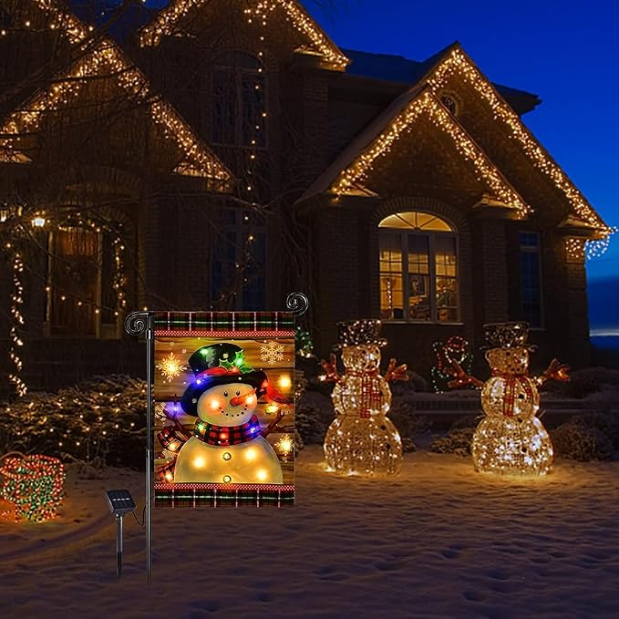 Lighted Christmas Garden Flag for Outside, Led Snowman Garden Flag, Winter Yard Flag 28x40 Double Sided for Outdoor Yard Porch Lawn Decoration