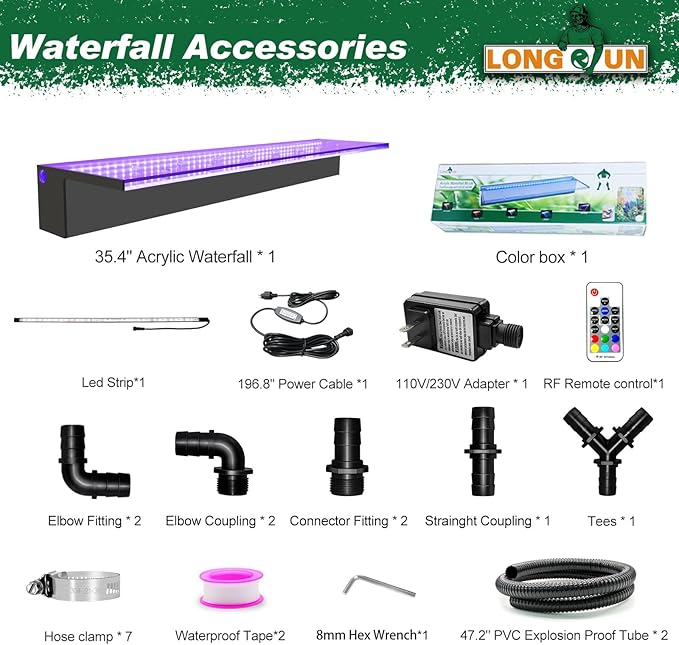 LONGRUN Acrylic Waterfall Spillway Multi-Color LED Light Pool Fountain, Water Spillway Outdoor Koi Pond Waterfalls Fountains Kit for Garden Koi Ponds Patio Swimming Pool Decoration-35.4"