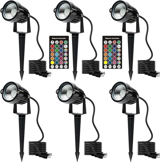Spot Lights Outdoor Spotlights with Timer, RGB 5W 120V Waterproof Landscape Uplights for Lawn, Yard, Trees, Garden, 6 FT Cord, US Plug, 6 Lights