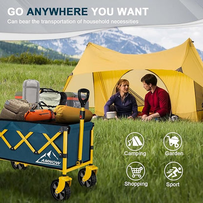 Collapsible Wagon Cart with Wheels Foldable, Folding Wagons Carts with Silent Universal Wheels, Large Grocery Cart On Wheels, Heavy Duty Utility Wagon for Shopping Beach Sports Fishing Camping, Green