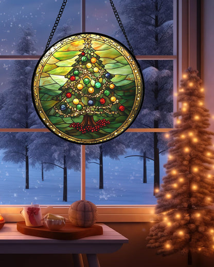 Stained Glass Window Hanging - Green Christmas Tree Gold Ribbon Suncatcher for Doors Home Christmas Decoration Sun Catcher Thanksgiving New Year Birthday Gifts for Women Men Mom Nana 11.8 in