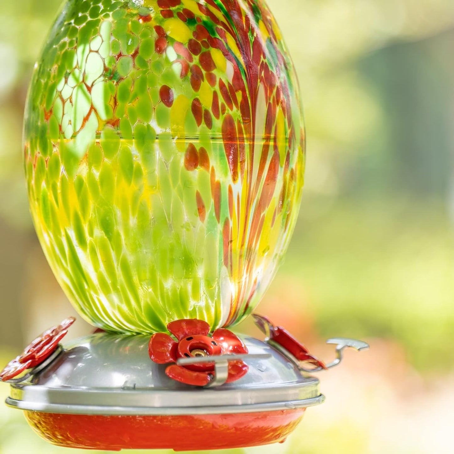 Muse Garden Glass Humming Bird Feeders for Outdoors - 27OZ Blown Glass Hummingbird Feeder - Unique Gift for Mom Women Grandparents, Outdoors Hanging Garden Decor, Ant Moat & Brush, Green Floral