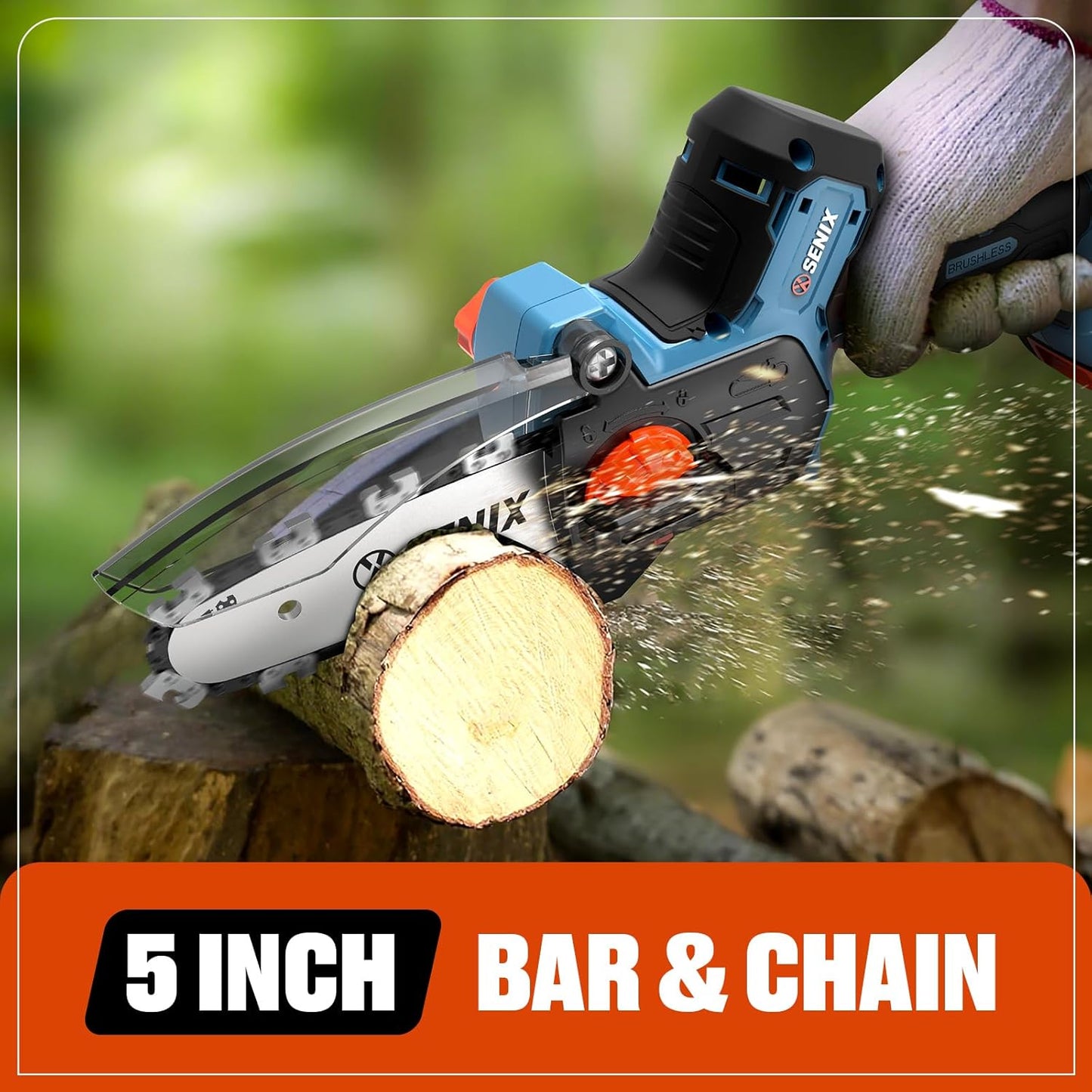 SENIX 20V 5" Mini Electric Chainsaw, Cordless Battery Powered Chainsaw, Brushless Small Handheld Portable Chain Saw, Includes 5Ah Battery & Charger, Gift for Men Dad Husband Fathers Gardener, CSX2-M3