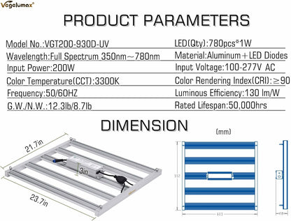 200Watt LED Grow Light 5 Bars with 780pcs Diodes,UV IR included,Full Spectrum Growing Lamp 100-277V Dimmable Driver,for Plant Seedling Growth Vertical Farming Veg Flower Bloom,4X4ft coverage