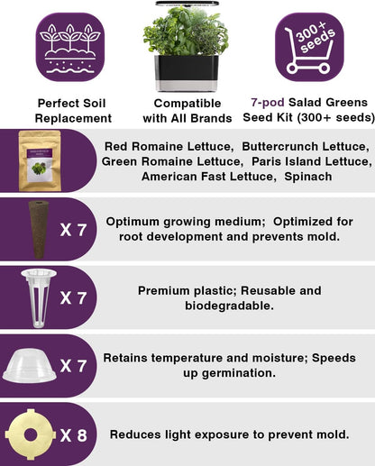 Salad Greens Seed Pod Kit for AeroGarden, iDoo with Red and Green Leaf, Romaine and American Fast, Buttercrunch, Parris Island Lettuce, Spinach - Compatible with All Hydroponics (7-Pod)