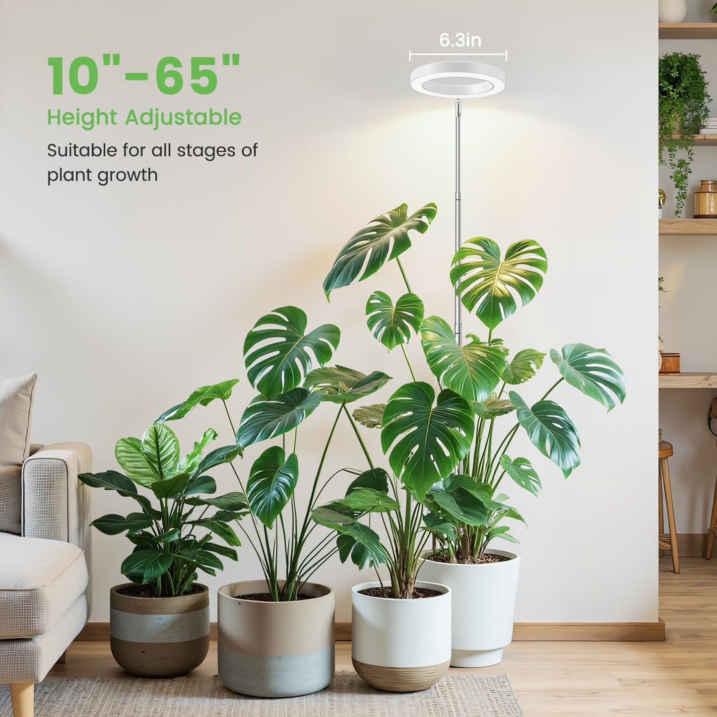 Grow Lights for Indoor Plants, 6000K Full Spectrum Plant Grow Lights, Height Adjustable 10"-65" Growing Lamp, Automatic Timer 6/12/16Hrs, 5-Level Dimmable, Idea for Large Plant, 2 Pack