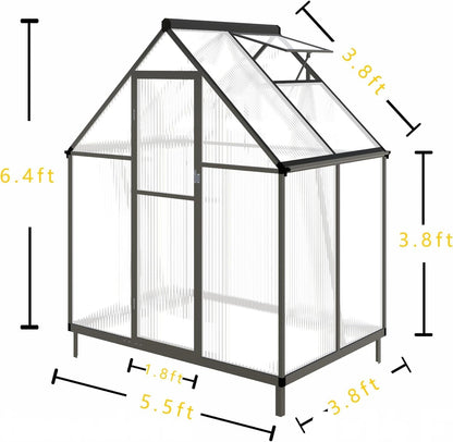 CQZY 6x4 FT Greenhouse for Outdoors, Polycarbonate Greenhouse with Quick Setup Structure and Roof Vent, Aluminum Large Walk-in Green House for Outside Garden Backyard, Dark Gray