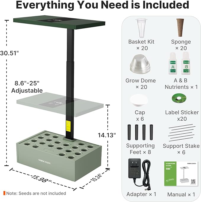 SUNCOZE 20 Pods Hydroponics Growing System Kit, Indoor Herb Garden with Grow Light 30W, 10L Large Water Tank with Adjustable Height to 25", Quiet Pump, Gardening Gifts, Green