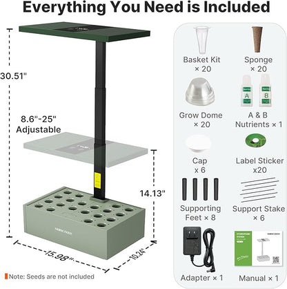 SUNCOZE 20 Pods Hydroponics Growing System Kit, Indoor Herb Garden with Grow Light 30W, 10L Large Water Tank with Adjustable Height to 25", Quiet Pump, Gardening Gifts, Green
