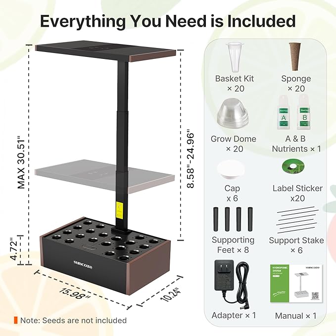 SUNCOZE Hydroponics Growing System Kit, 20 Pods Indoor Herb Garden with 10L Water Tank & Adjustable Height 25", 36W LED Grow Light, LCD Display with Veg/Flower Modes, Pump & Low Water Reminder, Black