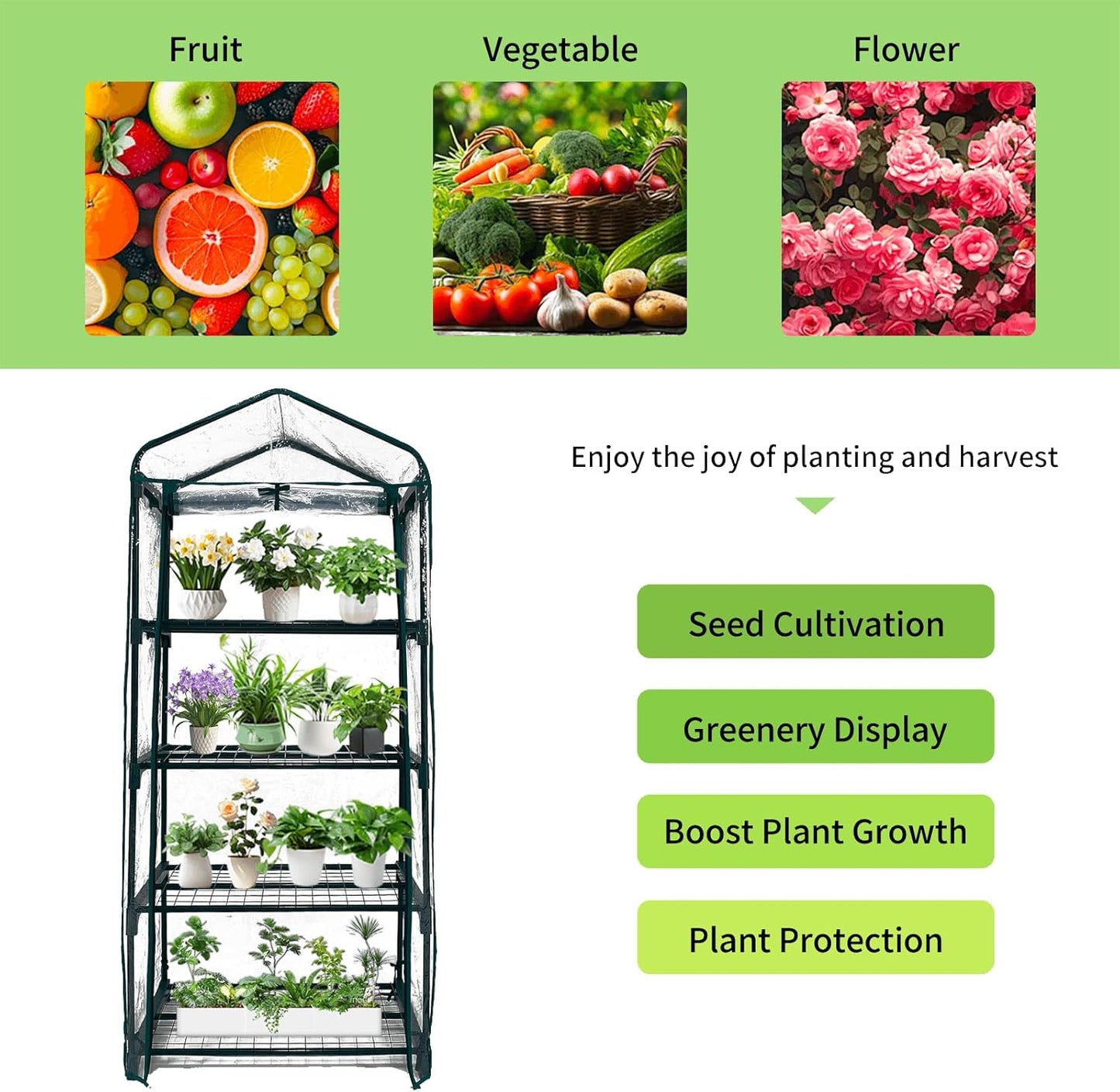 GreenGiggle 4 Tier Mini Indoor Outdoor Greenhouse,27"x19"x62" Greenhouses with PVC Cover and Roll-Up Zipper Door,Plastic Green House for Inside Grow Tent&Garden greenhouses for Outdoors