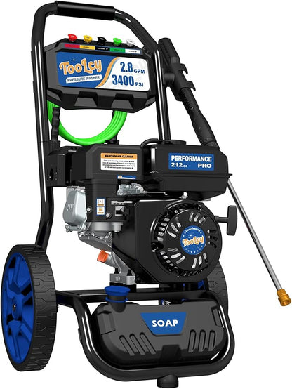 TOOLCY Gas Pressure Washer 3400 PSI & 2.8 GPM, High-Performance 212cc Engine, Reinforced Pump, 35FT Extended Power Hose, Kink-Less Swivel Gun with & 5 Nozzles, for Cars/Fences/Driveways/Homes/Patios