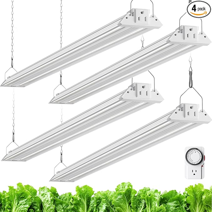 Barrina TX72 4FT Grow Lights for Seed Starting, 288W (4 x 72W, 2000W Equivalent), High PPFD, 5000K Daylight Full Spectrum, Mechanical Timer, Hanging Grow Lights with On/Off Switch Linkable, 4 Packs