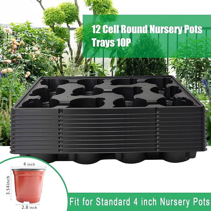 12 Cell Round Nursery Pots Trays Thickened Durable Seedling Pots Shuttle Carrying Trays for Holding 4 inch Nursery Pots (16.85" × 12.6", 10-Pack)