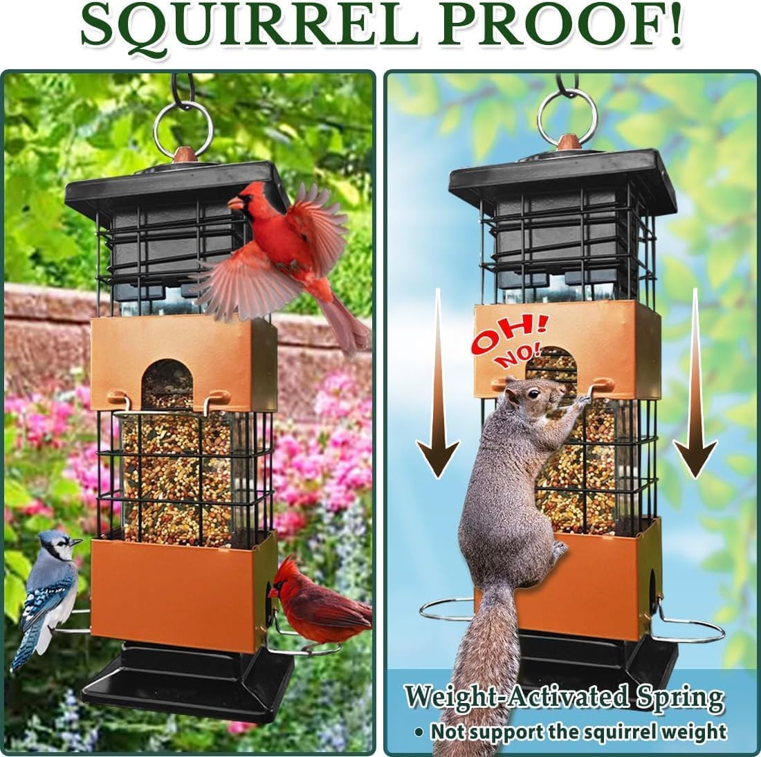 Squirrel Proof Bird Feeders, Metal Bird Feeder for Outdoors, 3 Lbs Birdfeeder Outside Hanging, Weight Activated Spring, 4 Feeding Ports, Finches, Cardinals, Wild Birds, Brown