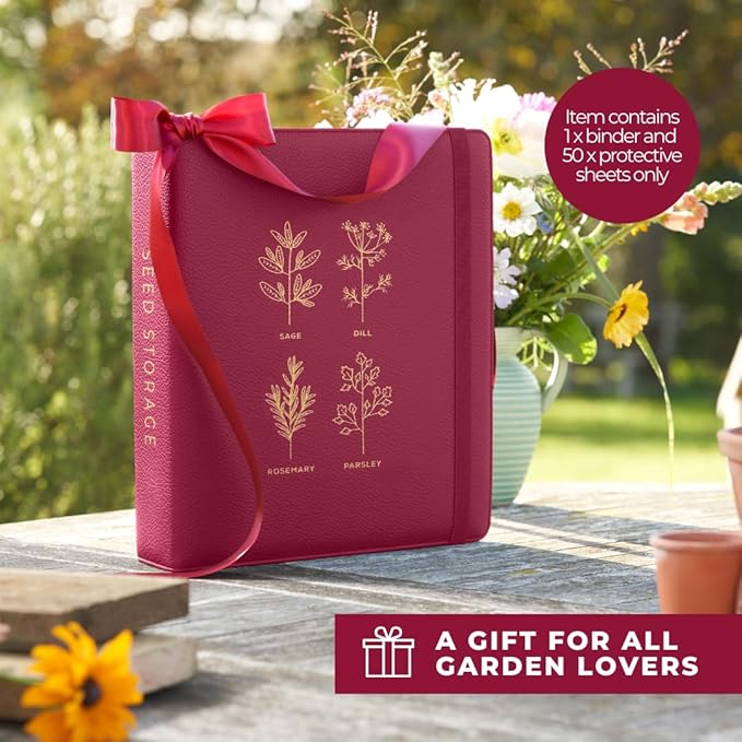 WILDGOOSE Seed Storage Organizer Binder - Seed Packet Organizer with 50 Pack Sheet Protectors That Stores 200 Seed Envelopes. (Raspberry)
