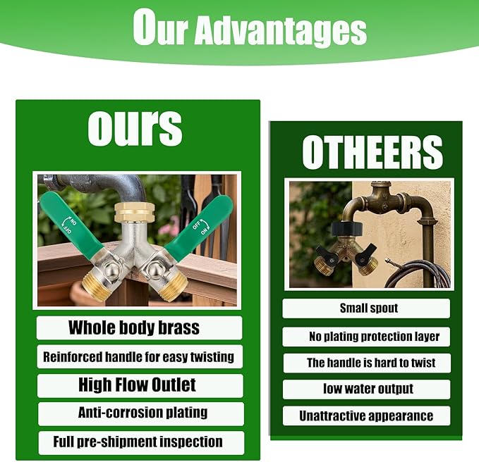 EJW brass hose splitter high flow splitter full flow hose splitter 2 way water splitter Faucet Splitter heavy duty splitter Valve 3/4 Inch GHT Thread