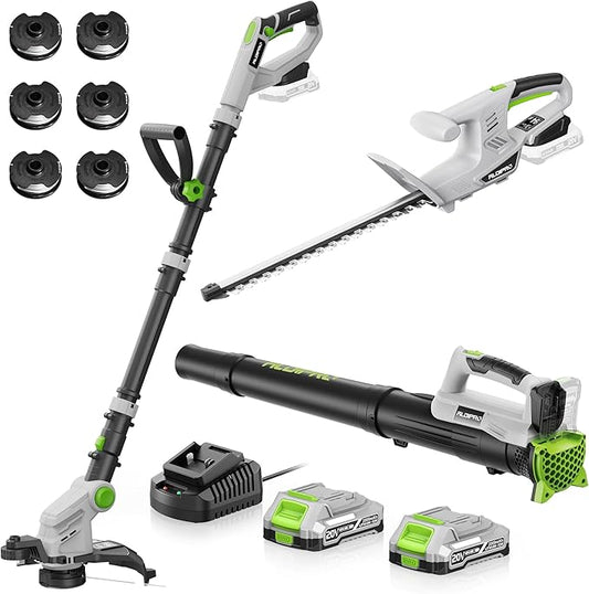 Cordless String Trimmer + Leaf Blower + Hedge Trimmer Combo 20V Ultra-Lightweight Garden Tool Set, 400 CFM Electric Blower & 18-Inch Bush Trimmers & 12-Inch Weed Wacker with Battery & Charger