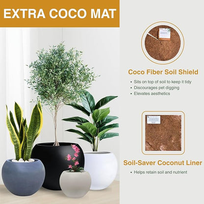 12.8" H x 16" D Globo Fiberstone Round Planter with Drainage Hole, Weather Resistant, Smooth Finish, Planters for Indoor Plants & Outdoor, 2 Extra Coco Mats (Black, 10.7" Pot Opening)