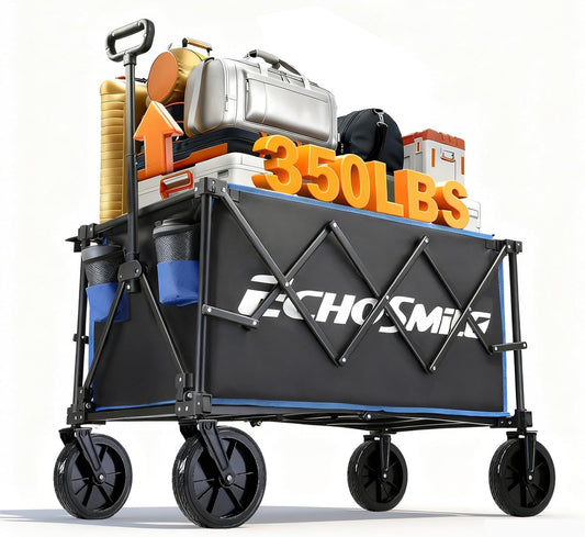 EchoSmile Collapsible Foldable Wagon Cart with 350lbs Weight Capacity, Heavy Duty Folding Utility Sport Wagon with Removeble Wheels for Camping,Grocery,Garden,Beach,Black &Blue