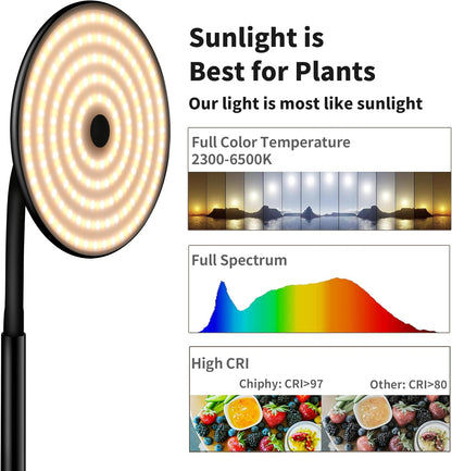 chiphy Grow Lamp, 60W Full Spectrum Grow Lights for Indoor Plants, 4/8/12H Timer, 2300K-6500K, 10 Dimmable Brigntness, 76'' Height Adjustable, Remote Control, Ideal for Tall Large Plants
