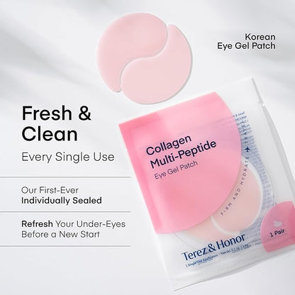 TEREZ & HONOR Peptide Collagen Hydrogel Eye Patches - 24 Pairs Korean Under Eye Masks for Puffy Eyes, Dark Circles, Wrinkles & Undereye Bags - Firming, Hydrating, Travel & Gift Ready Skincare Eye Pads