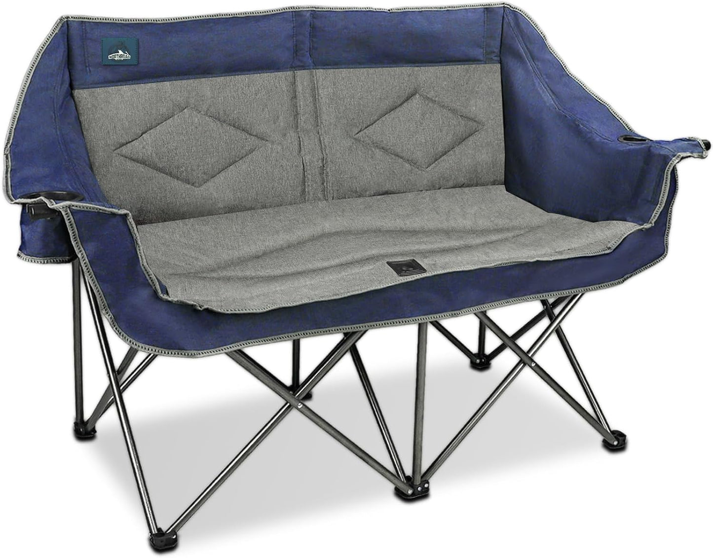 Northroad Folding Loveseat Camping Chair Portable Double Duo Full Padded Garden Chair for 2 Person Sofa w/2 Cup Holder,Wine Glass Holder,Support 600lbs for Picnic Beach Travel (Blue)