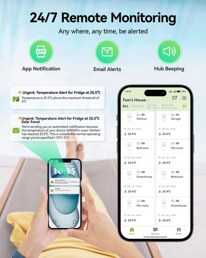 MOCREO WiFi Remote Thermometer Freezer Alarm, 1/3 Mile Long Range, IP66 Waterproof, App Email Alert, with Digital Monitor Hub, 2 Smart Wireless Temperature Sensors for Fridge, RV, Greenhouse