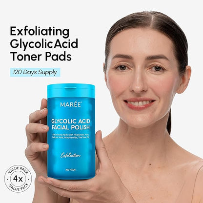 MAREE Glycolic Acid Pads – 200 Toner Pads for Face Cleansing – Facial Exfoliating Pad with Tea Tree Oil, Salicylic Acid & Vitamins E, B3, B5 – Acne Clearing Face Pad, Skin Pore Resurfacing & Radiance