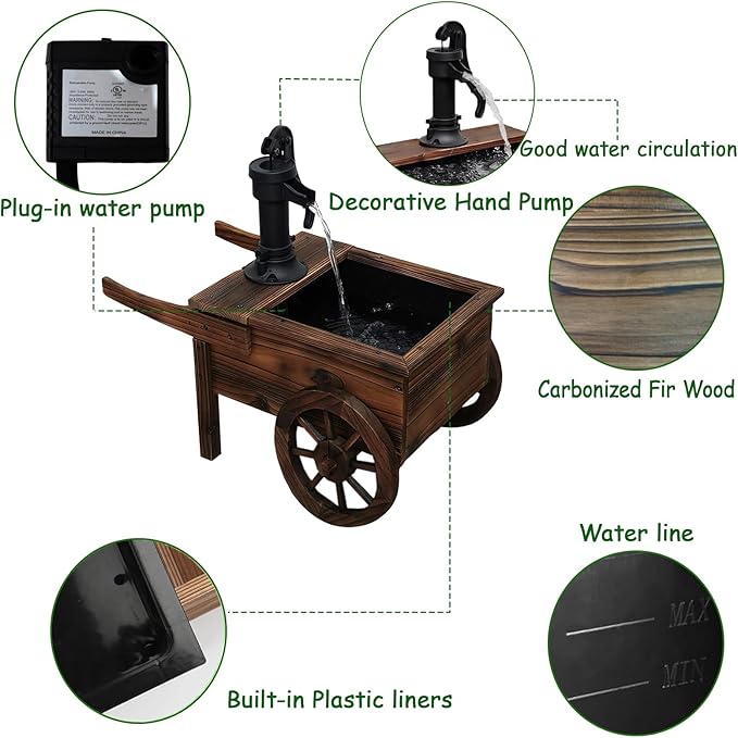 Carbonized Wood Outdoor Freestanding Fountain - Movable Vintage Hand Pump Cart, Plug-in Water Pump Electric Decorative Water Feature for Patio, Garden & Indoor Decoration