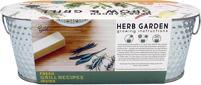 BUZZY Seeds Rosemary, Dill, and Thyme Grow & Grill Herb Kit, Indoor Seed Starter with Decorative Hammered Metal Windowsill Planter and Growing Medium - Easy Gardening Gift for Cooks & Beginners