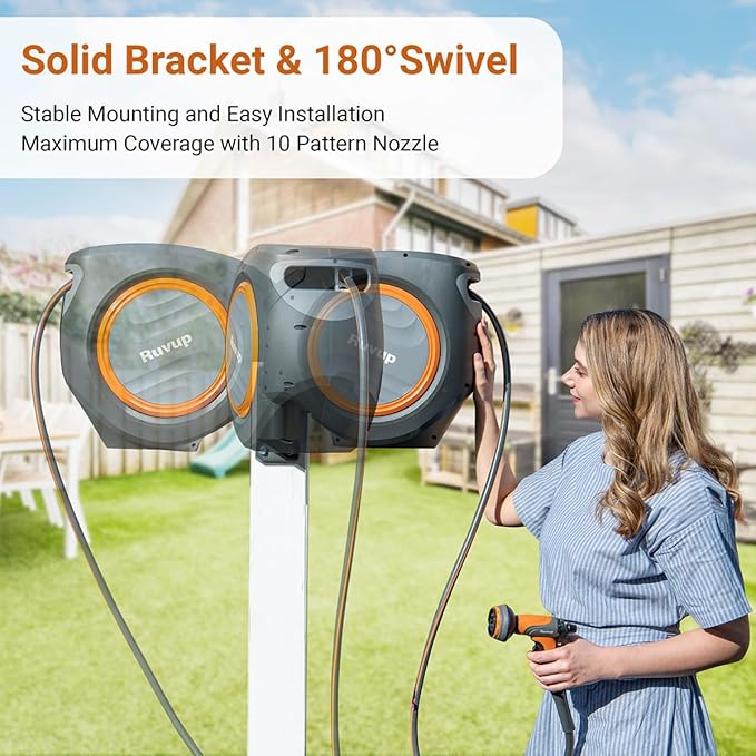 Ruvup Retractable Garden Hose Reel,1/2in x 150ft Water Hose Reel with Metal Bracket, UV Resistant Automatic Hose Reel Wall Mount for Outside, Slow Retraction Any Length Lock 10 Spray Nozzle