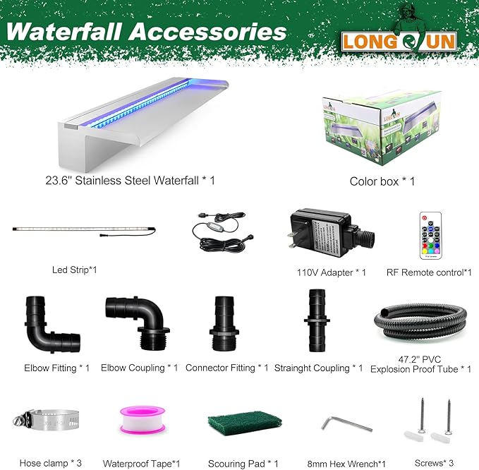 LONGRUN Pool Fountain Stainless Steel Outdoor Pond Spillway Waterfall with Wider Water Flow Platform Multi-Color LED Light Spray Indoor Waterfall Fountains for Garden-23.6" x 8" x 3.94"(W x D x H)