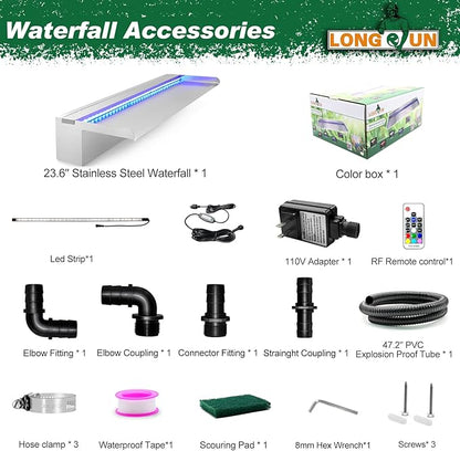 LONGRUN Pool Fountain Stainless Steel Outdoor Pond Spillway Waterfall with Wider Water Flow Platform Multi-Color LED Light Spray Indoor Waterfall Fountains for Garden-23.6" x 8" x 3.94"(W x D x H)