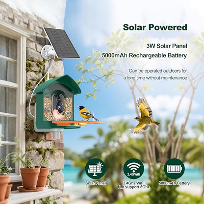 Bird Feeder with Camera,WiFi Smart Bird House with Cam Solar Powered for Outdoor,AI Identify,App Notification,Night Vision,2K Live View,Auto Record Video,Birdwatching Gifts for Family,Birds Lover