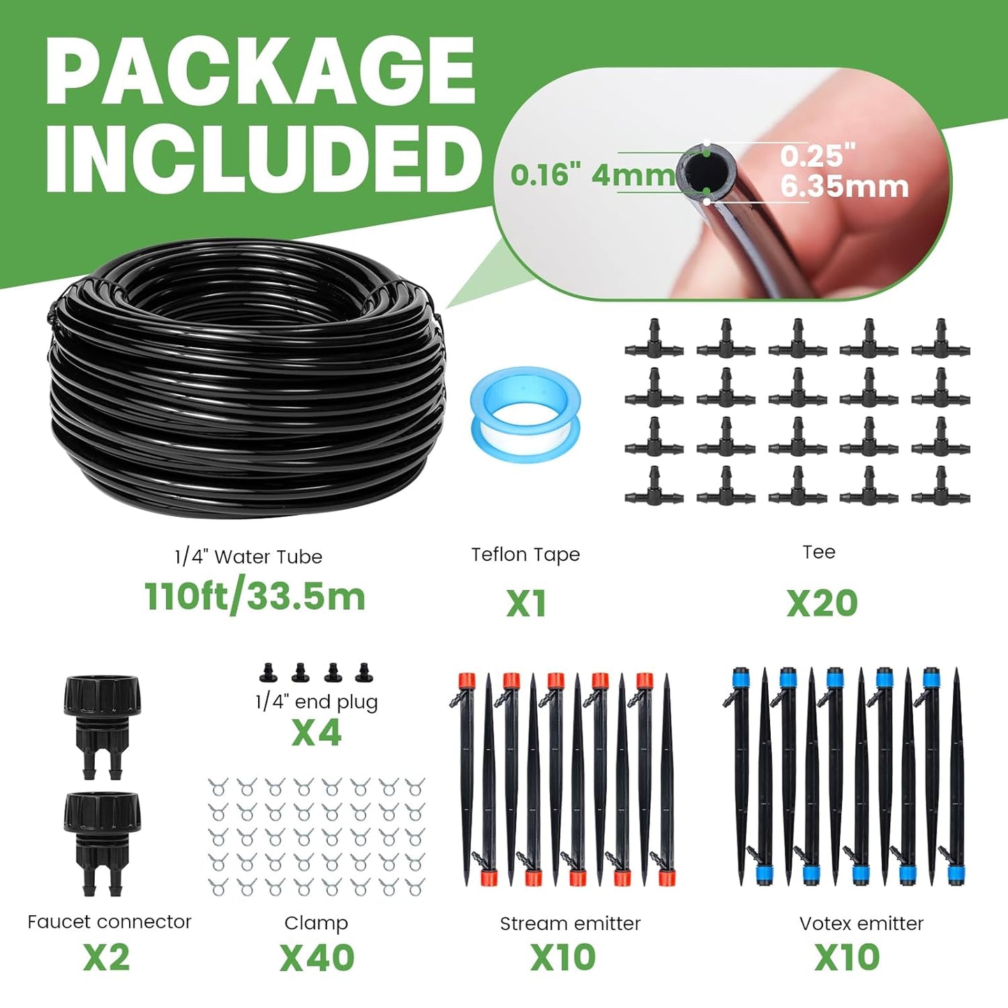 110ft Drip Irrigation System Kit, Garden Watering System DIY Automatic Irrigation Equipment Set for Lawn Raised Bed Greenhouse Plant Watering with 1/4'' Tubing, Drip Emitters, Connectors