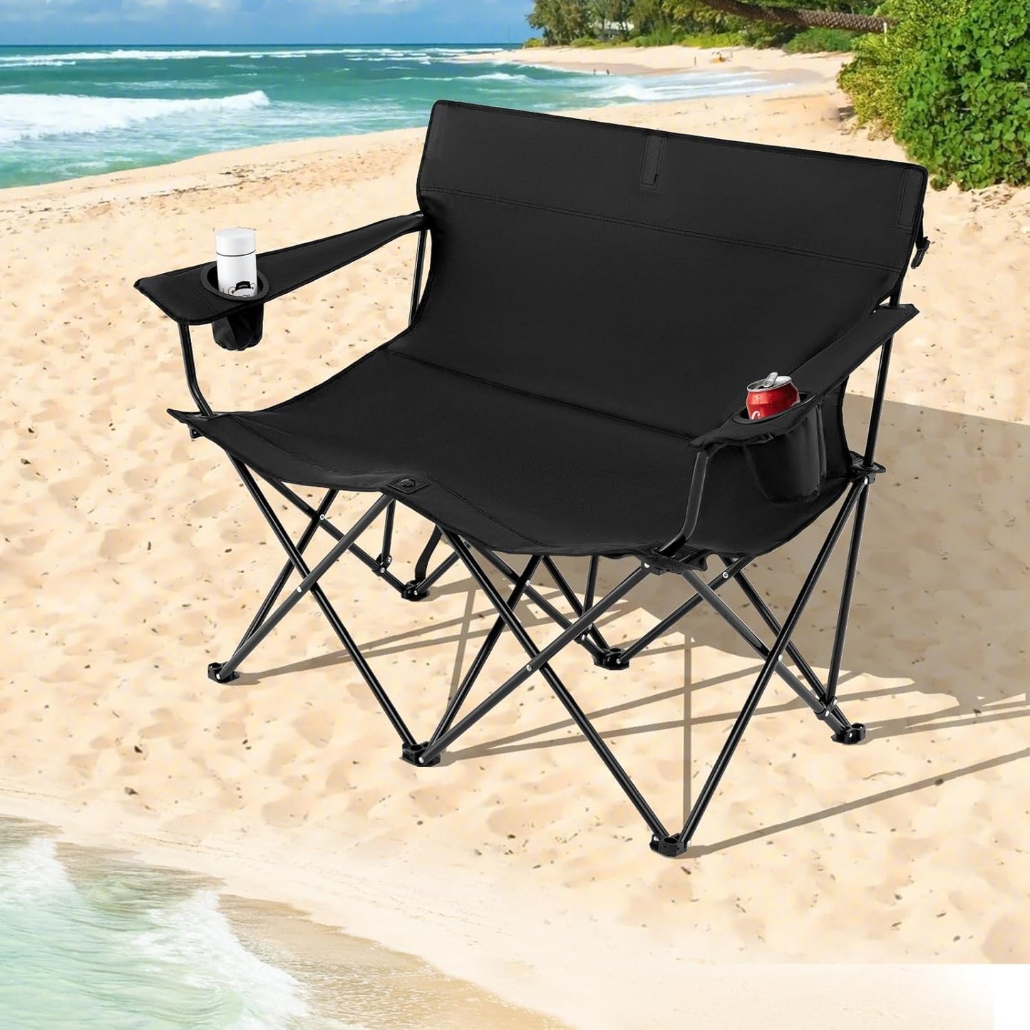 Goplus Double Camping Chair, Oversized Heavy Duty Camping Loveseat for Adults, Portable Folding 2 Person Camping Chair with Cup Holder for Outdoor Lawn Beach Backyard
