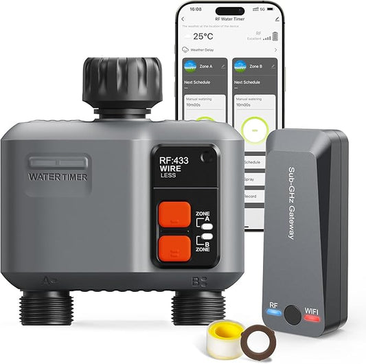 WiFi Sprinkler Timer 2 Zone with 984 Feet RF Gateway, 2 Outlet Smart Water Timer for Garden Hose with Rain Delay/Manual/Automatic,WiFi Water Hose Timers for Garden & Lawns