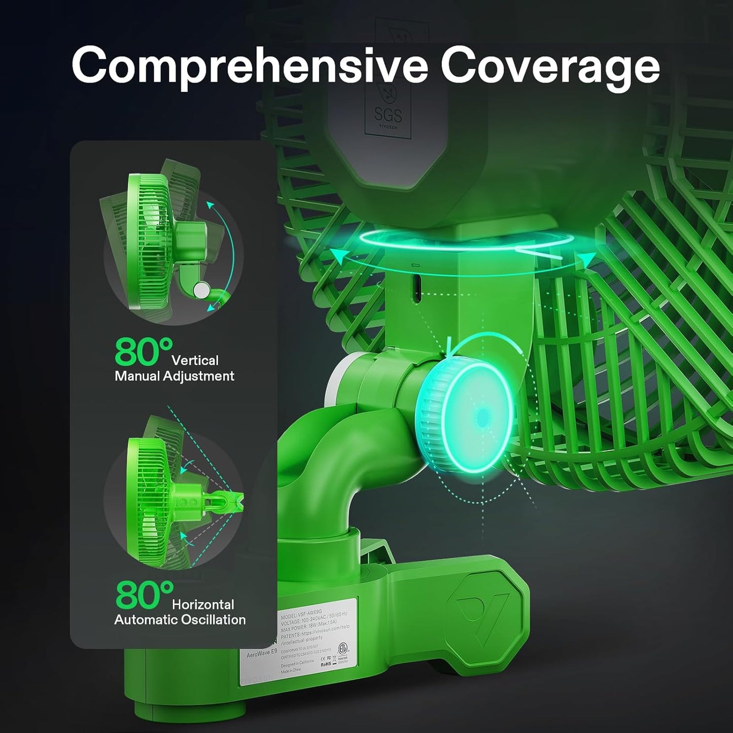 VIVOSUN AeroWave E9 Grow Tent Fan 9”, EC Motor, WiFi-Controllable, US Patented Auto Oscillating Clip fan, IP54 Weatherproof, Strong Airflow & Quiet for Hydroponic Ventilation Circulation, Green