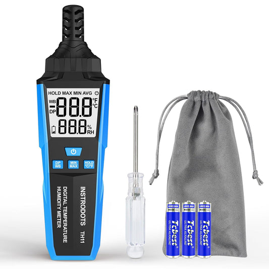 Temperature Humidity Meter, High Precision Digital Hygrometer with Ambient, Dew Point, Wet Bulb Temperature for Indoor Outdoor, Thermometer with Min/Max, Data Hold, LCD Backlight, TH11