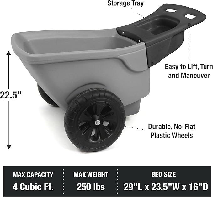 Simplay3 Easy Haul Durable Wheelbarrow with Garden Tool Storage Tray - Large Easy Turn Wheels - Gray - Made in USA