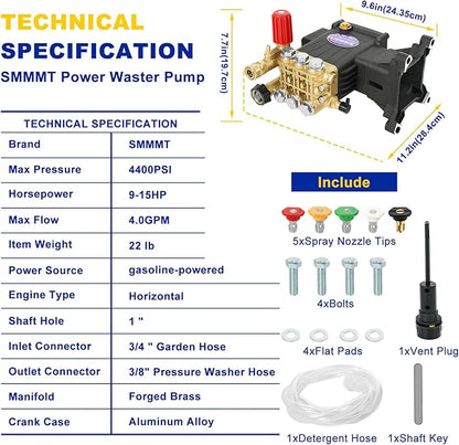 Pressure Washer Pump Max 4400 PSI 4 GPM, 1" Shaft Horizontal Gas Power Washer Pump Replacement, Direct Drive Triplex Plunger Replacement Pump with Pressure Adjustment Unloader, 5 Nozzle Tips