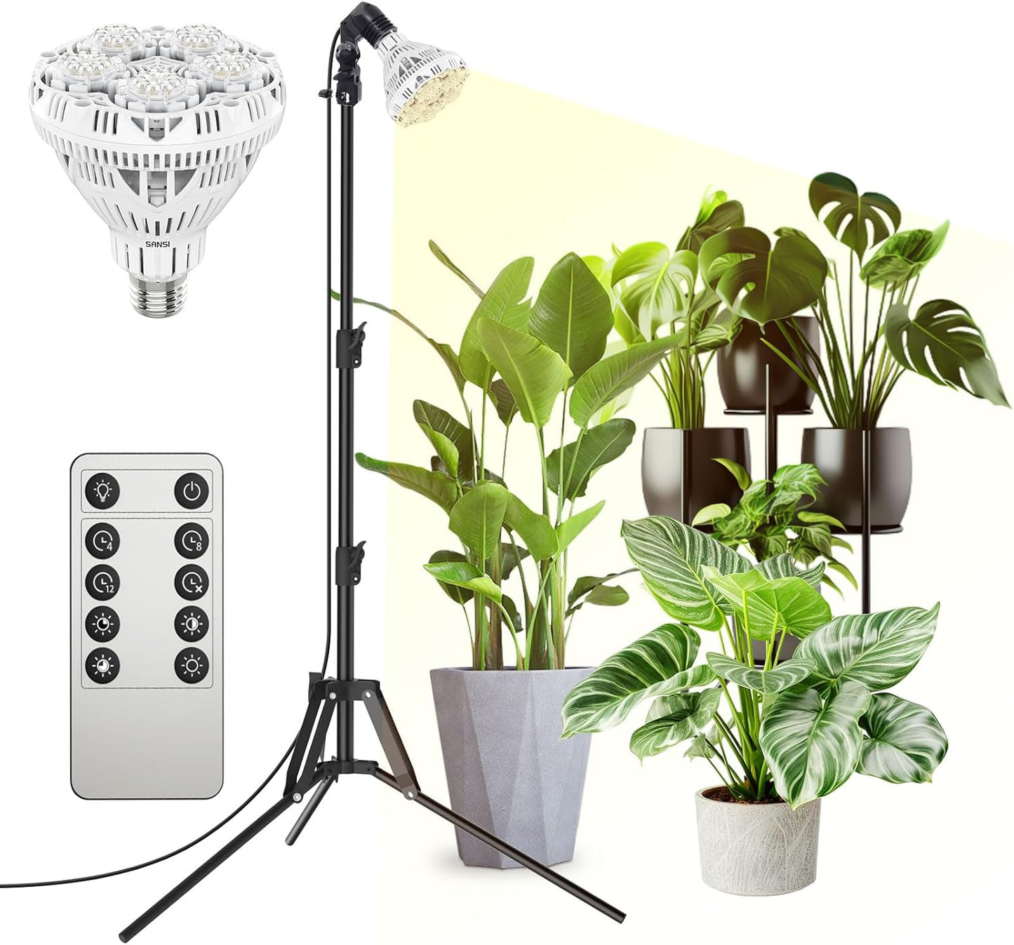 SANSI Grow Lights for Indoor Plants, 4 Dimmable Levels 30W Full Spectrum Plant Lights for Indoor Growing, Tripod Stand Adjustable 30"-55" Plant Grow Light with Remote Control Auto Timer