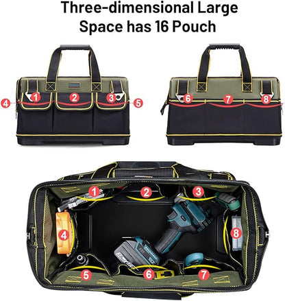 Tool Bag, Ounic 22 Inch Large Heavy Duty With Wide Mouth and Waterproof Strong Molded Base tool Organizer with Adjustable Shoulder Strap Specially Designed for Various Tools（Green)
