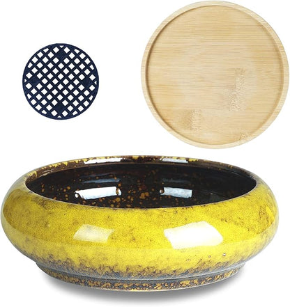 ARTKETTY Succulent Pots - 7.3 Inch Large Succulent Planters with Drainage Ceramic Bonsai Pots with Bamboo Tray, Shallow Planters for Indoor Cactus Plants Decorative Flower Plant Container