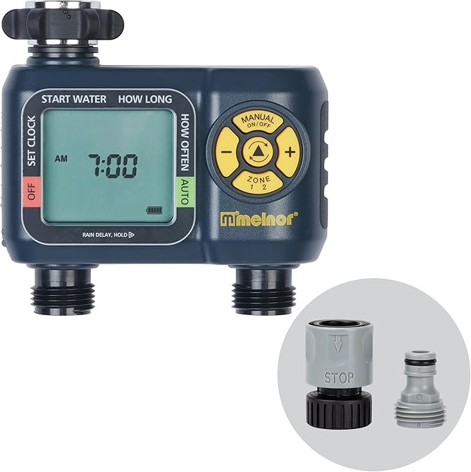 Melnor 65139AMZ AquaTimer Digital Hose Timer, 2-Zone Programmable Watering Timer, Quick Connect Bundle, Black, Yellow