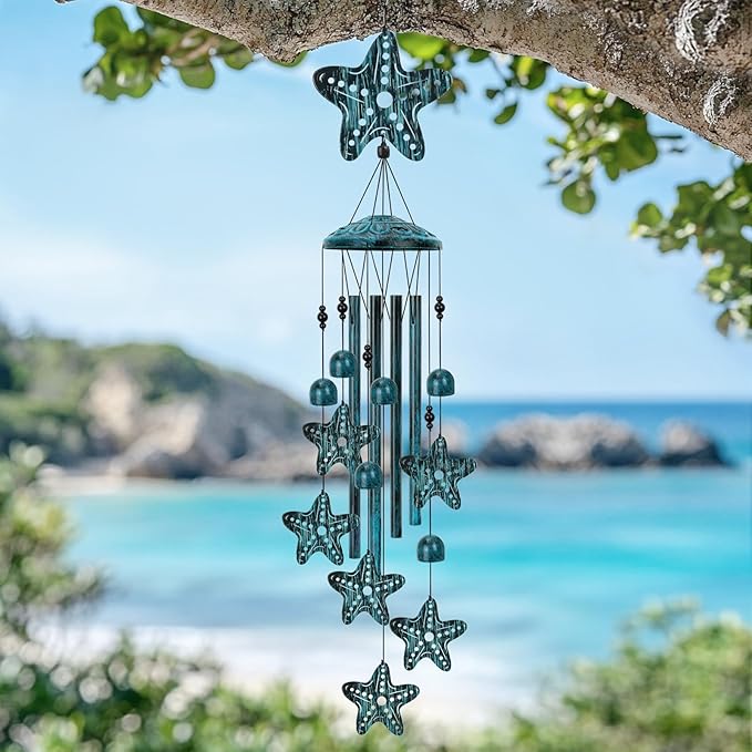 Starfish Wind Chimes for Outside, Large Starfish Gifts for Women, Blue Marine Animal Wind Chime, Metal Starfish Decor, 40" Outdoor Garden Decor for Lawn, Porch, Patio, Yard